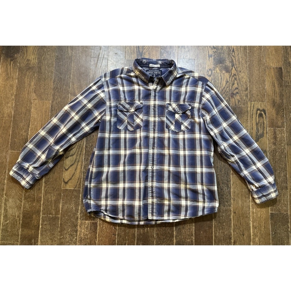 Nautica Jeans Co. Long Sleeve Roll Tab Snap Up Shirt Men's Sz L Blue Plaid